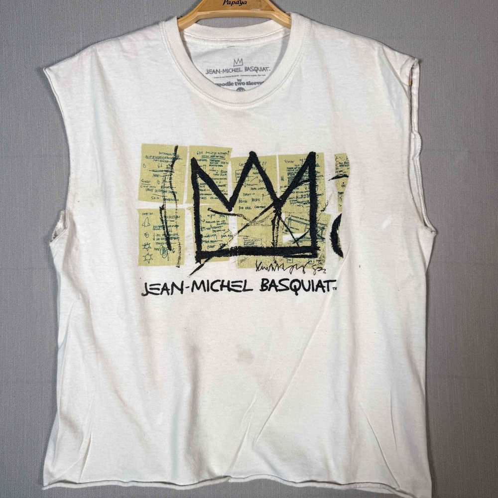 Jean-Michel Basquiat Crown Muscle Tee White Sleeveless Shirt SM distressed